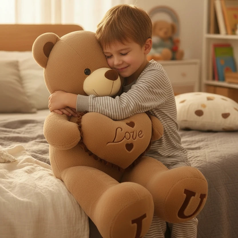 Ours en peluche marron clair de 80cm de la marque Petit-Ours, doux et câlin, pour enfants et collectionneurs.