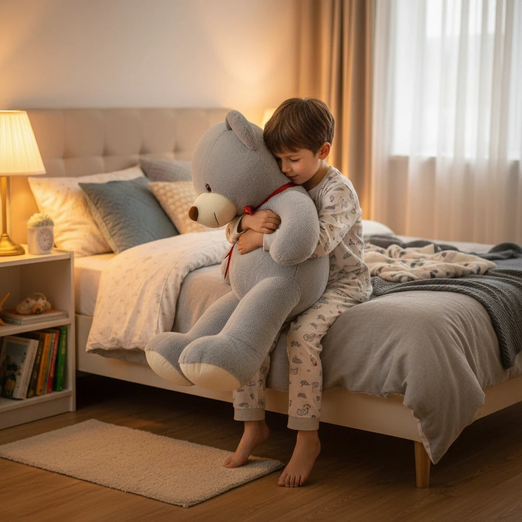 Ours en peluche marron foncé de 60 cm de la marque Petit-Ours, doux et câlin, posé sur un fond neutre