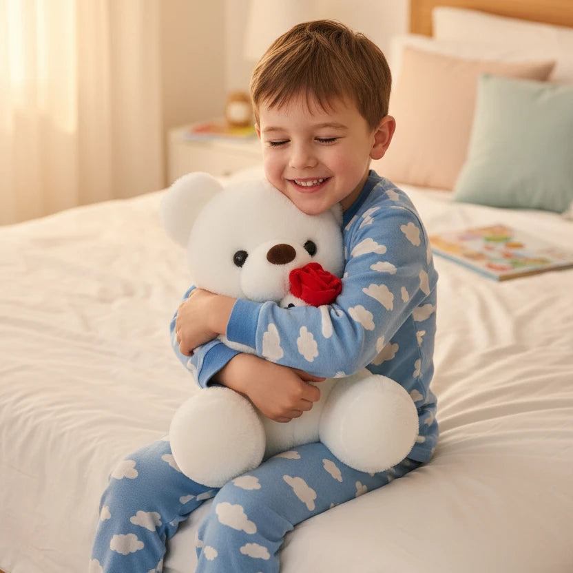 Ours en peluche marron de 25cm de la marque Petit-Ours, doux et câlin, posé sur une surface en bois.
